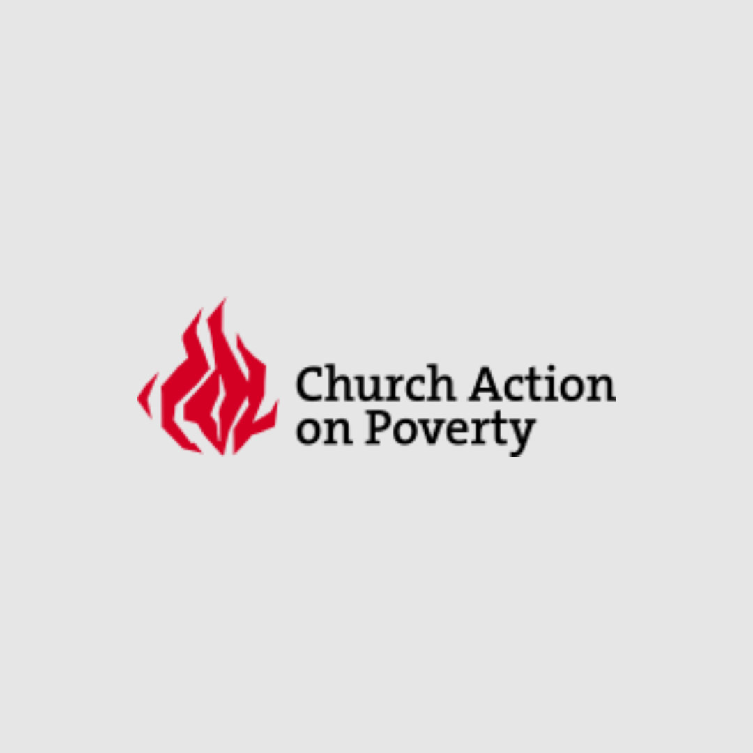 Church Action on Poverty, black text logo with an illustrated red flame graphic to the left hand side, against a light grey background