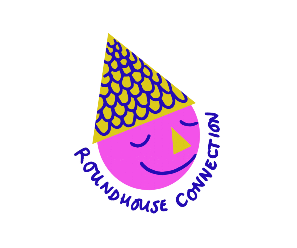 Illustration of a pink smiley face wearing a yellow hat, with the words 'Roundhouse Connection' curved in a semicircle above and around the face.