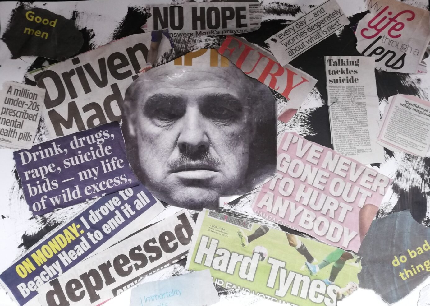 A handmade collage created from newspaper clippings, put together during a research session using an arts and crafts approach. The arrangement features layered text and images, suggesting themes related to mental health.