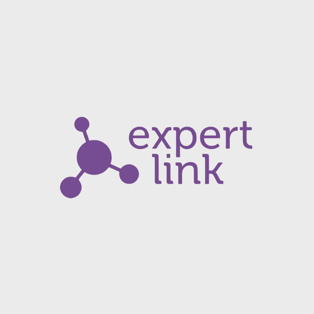 expert link text logo in lowercase purple lettering, to the left is a design which looks like an atom structure, with a larger purple circle in the middle and three smaller (above and either side), connected by straight purple lines, all against a light grey background